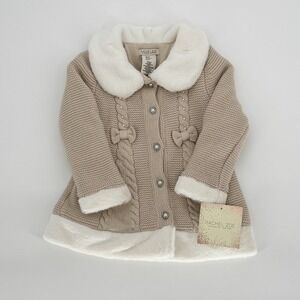 Rachel Zoe Sz 3T Knit Sweater Jacket Faux Fur Trim Faux Pearl Accents Bows NWT
